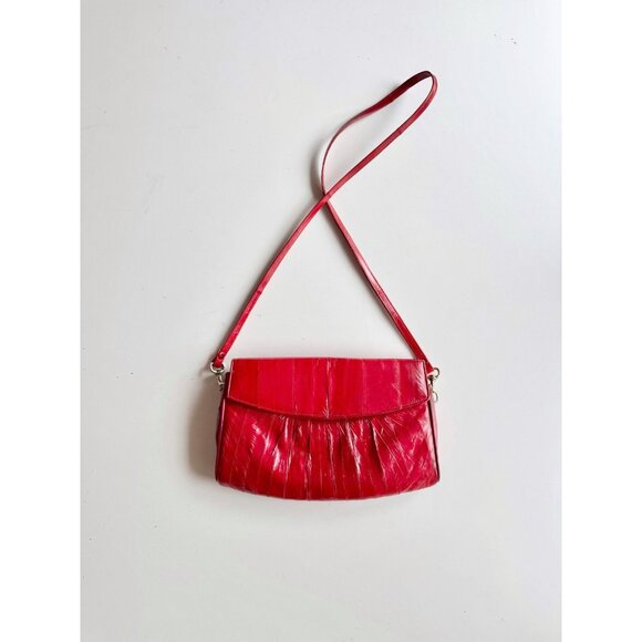 Vintage Red Genuine Eel Skin Suede Leather Crossbody Bag Purse - Picture 1 of 15
